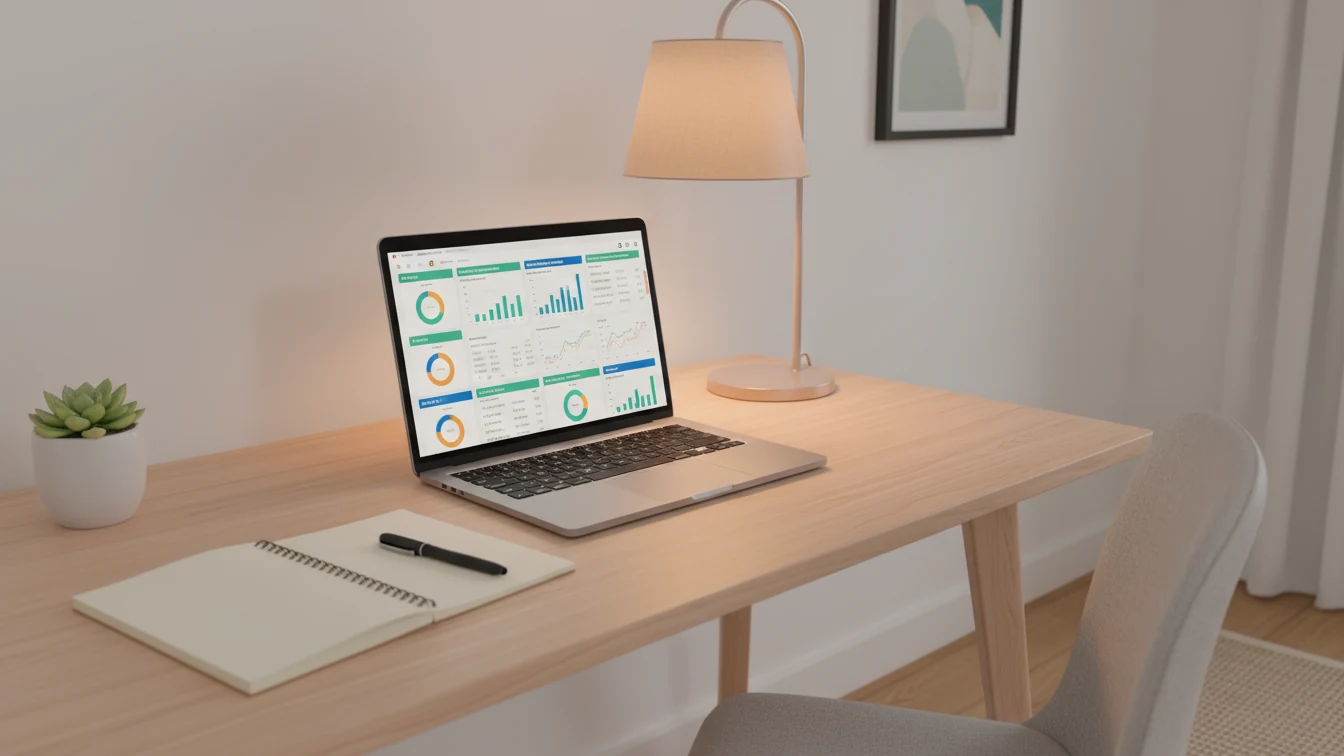 Laptop med fodboldstatistik og notesblok på skrivebord