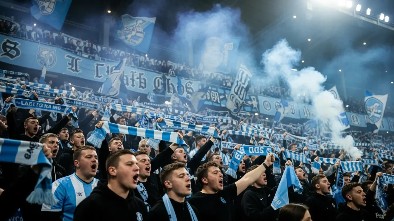 Engagerede Sønderjyske fans på nordtribunen med lyseblå halstørklæder og bannere under en aftenkamp