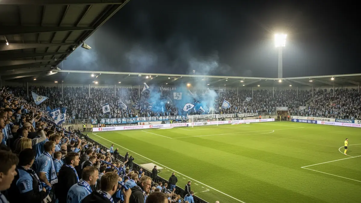 Sønderjyske fodboldfans på Sydbank Park stadion under en aftenkamp med lyseblå bannere og flombelysning