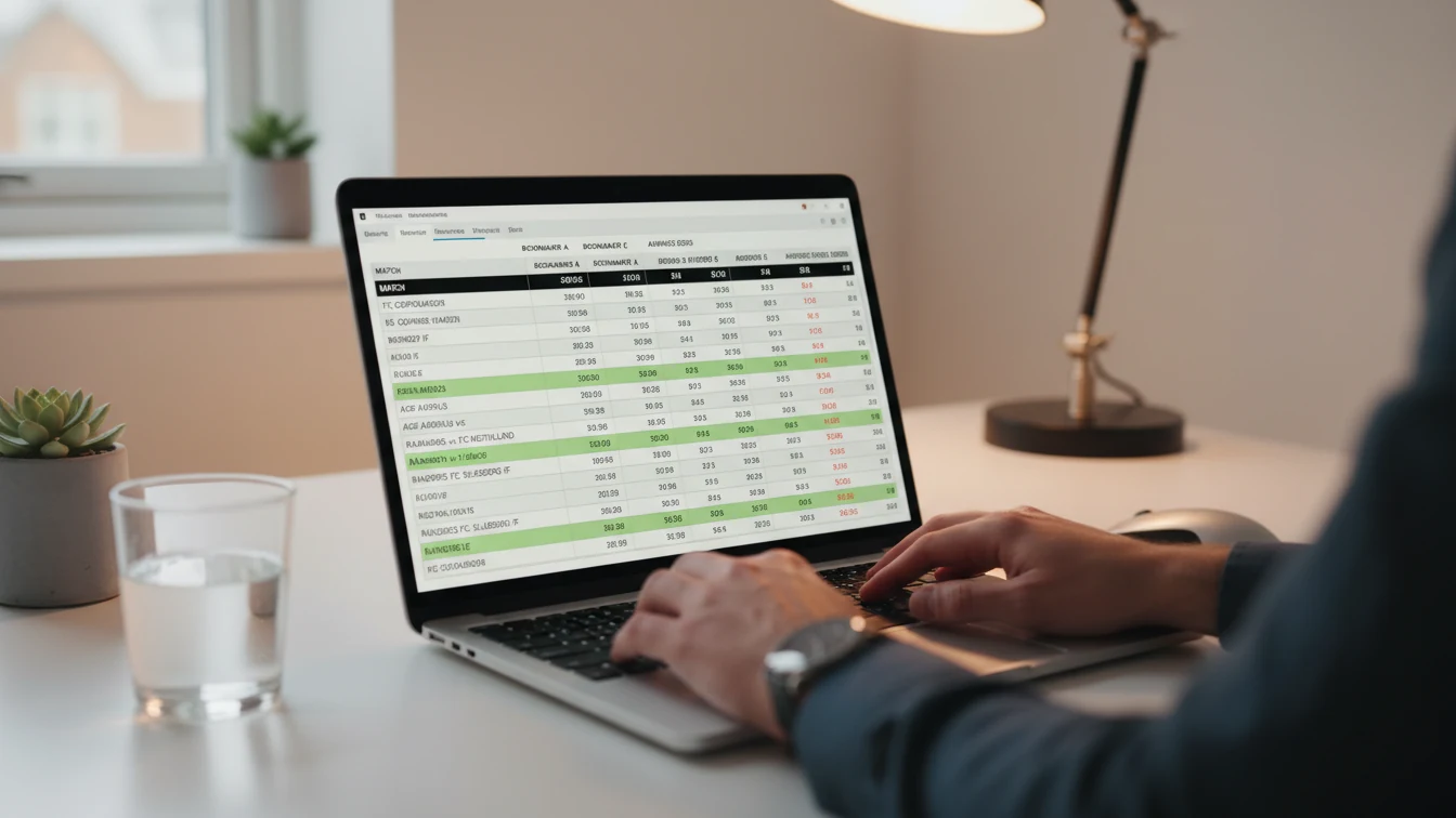 Sammenligning af odds på computerskærm med fodboldkamp i baggrunden
