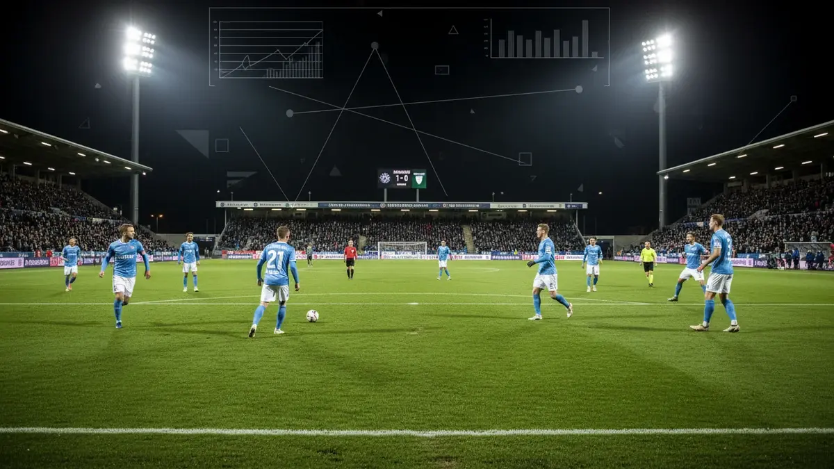 Sønderjyske fodboldspillere på banen med statistik-grafik overlejret