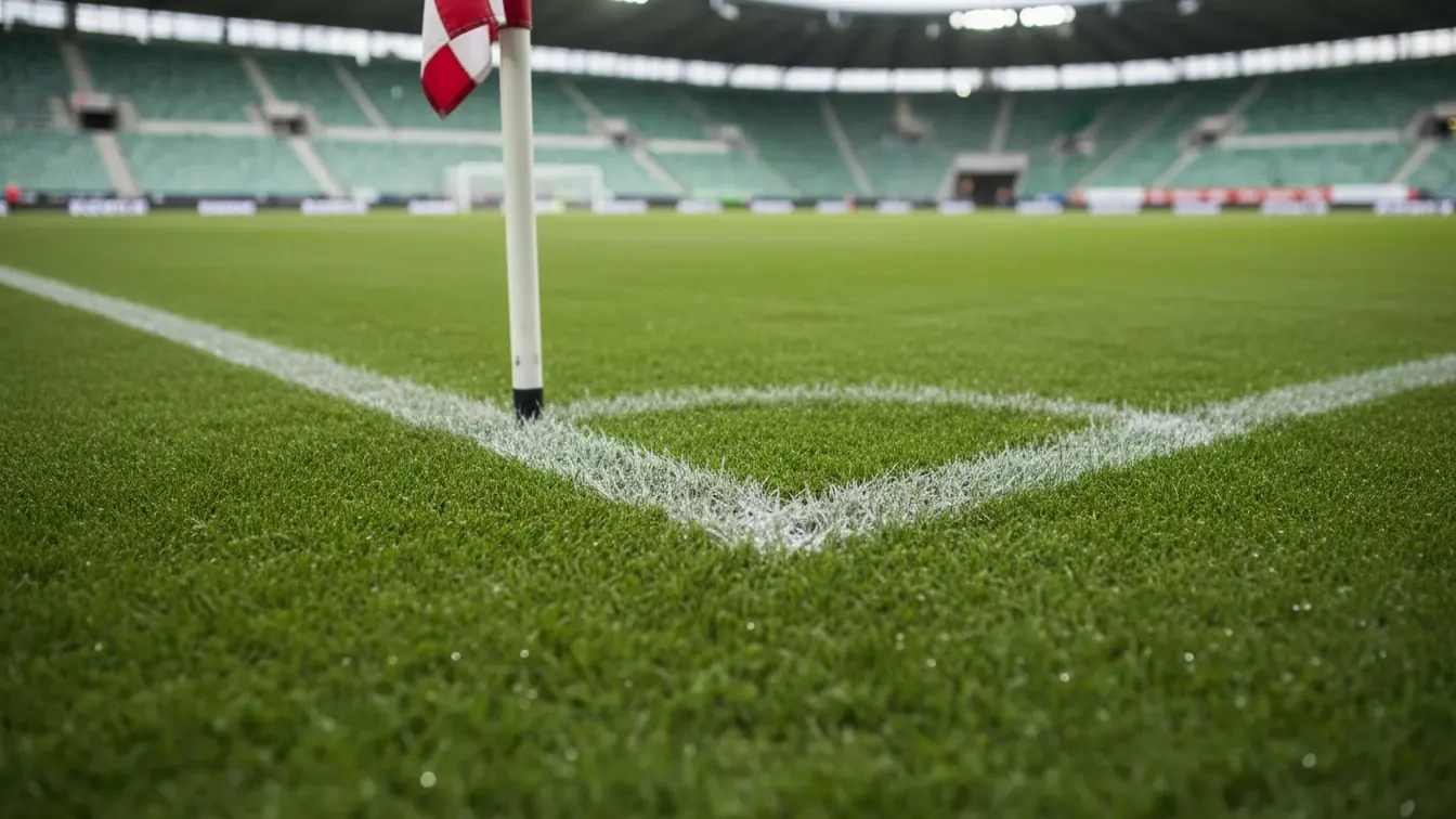 Det grønne græstæppe på Sydbank Park set fra banehjørnet