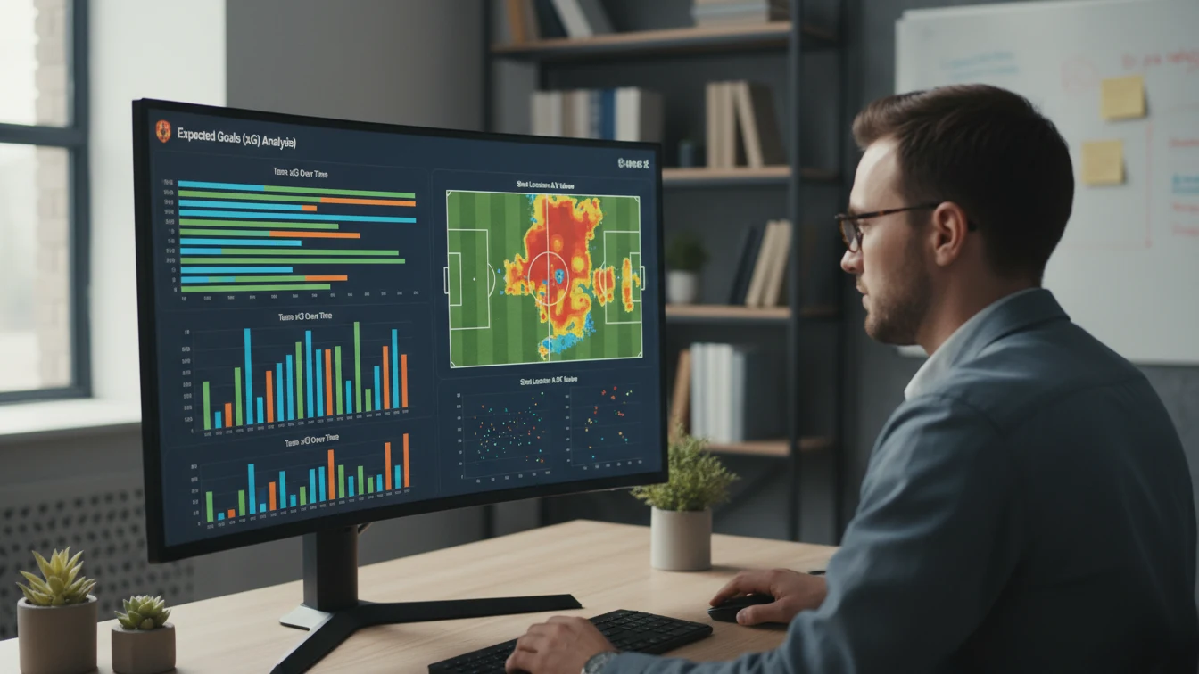 Fodboldanalytiker studerer Expected Goals data på computerskærm